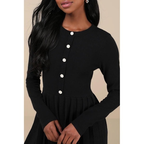 Lulus Black Ribbed Knit Button Front Pleated Skirt‎ Dress Size M - Picture 4 of 15